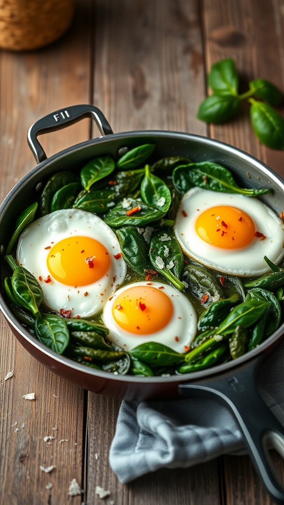 A breakfast skillet filled with sautéed spinach and sunny-side-up eggs, topped with cheese and pepper flakes.